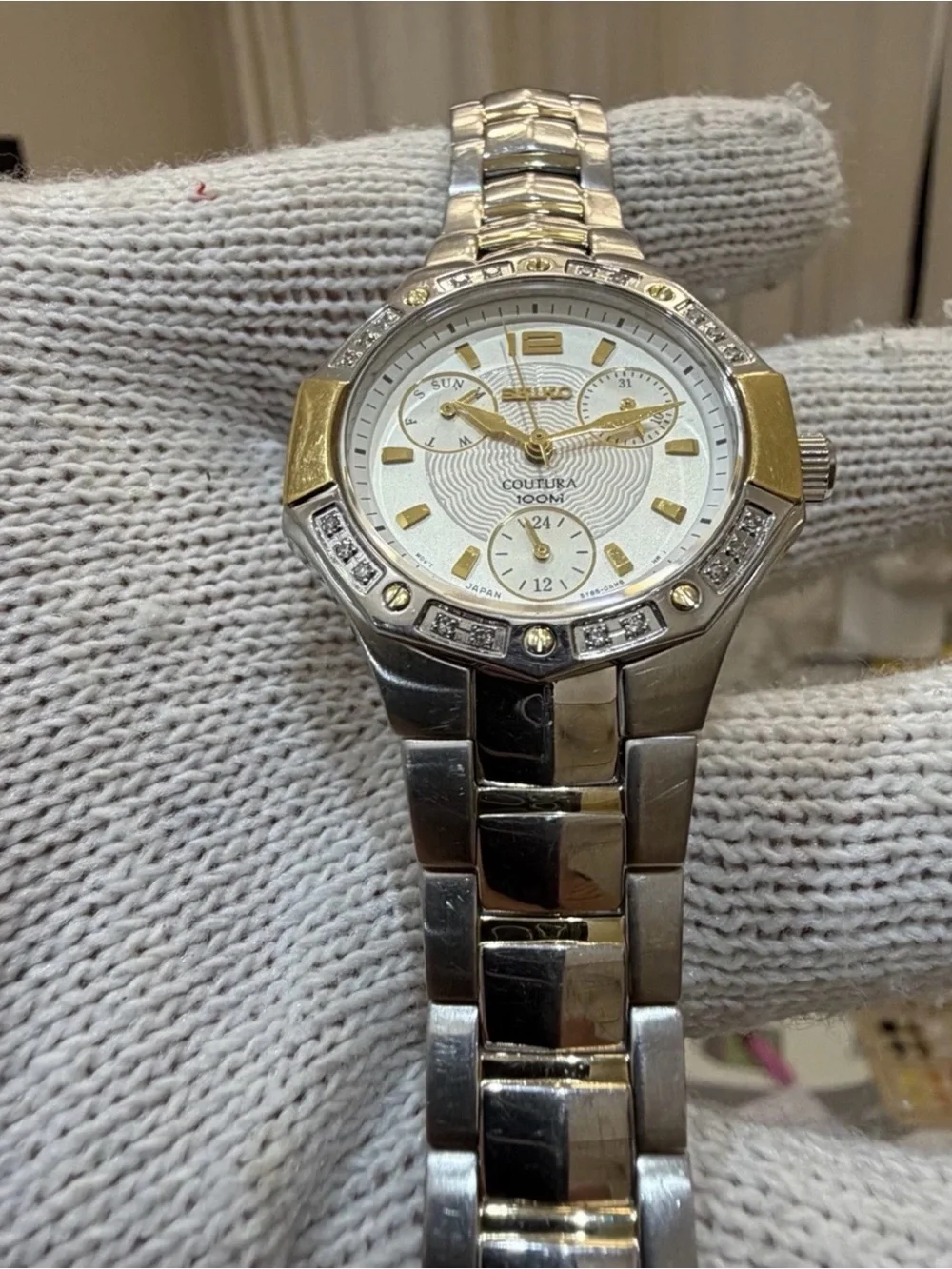 Seiko Coutura SUK008 Womens Diamond Watch Two Tone Multi Hand Calendar 100M